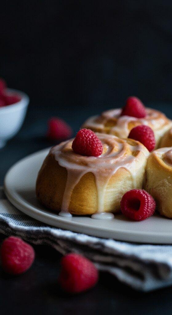 A realistic, amateur-style photo of fluffy raspberry rolls with lemon glaze on a worn wooden table in a cozy home kitchen, with natural light, crumbs, and casual clutter visible.