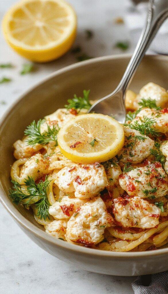 A vibrant plate of Fresh and Easy Lemon Chicken Pasta featuring tender chicken, zesty lemon slices, and al dente pasta garnished with fresh herbs.