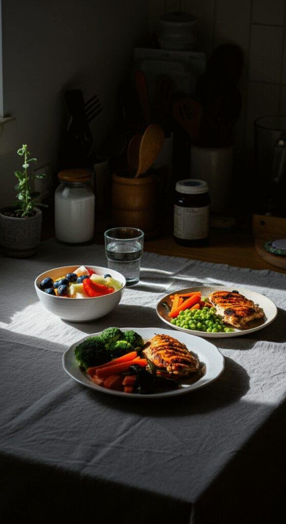 Casual photo of a homemade healthy meal spread on a kitchen table, featuring fruits, grilled chicken with veggies, and a glass of water, taken in natural light with a relaxed, authentic feel.
