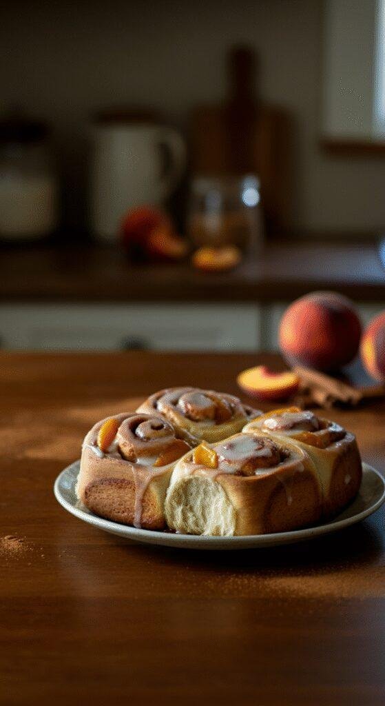 Realistic image of gooey peach cobbler cinnamon rolls on a ceramic plate in a cozy home kitchen setting, with natural lighting and casual clutter like crumbs, glaze, and scattered ingredients, capturing an informal, inviting atmosphere.