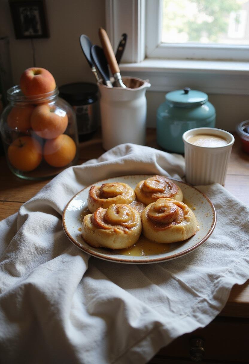 Casual shot of gooey peach cobbler cinnamon rolls on a rustic plate in a cluttered kitchen counter setting, with natural lighting and imperfections like crumbs and sticky glaze to emphasize an everyday, improvised presentation.