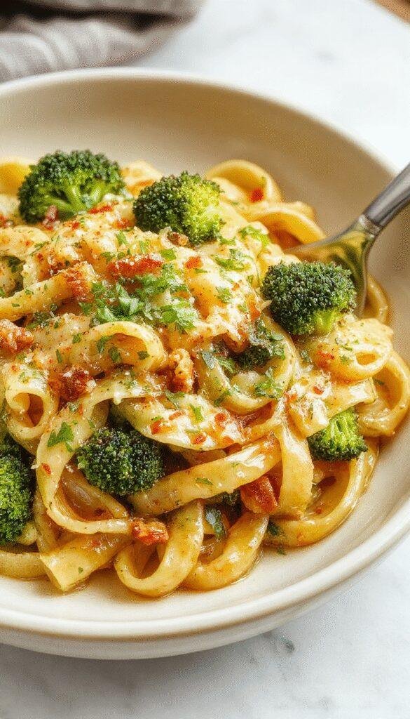 A colorful plate of healthy broccoli pasta topped with grated cheese and fresh herbs, ready for a quick weeknight dinner.