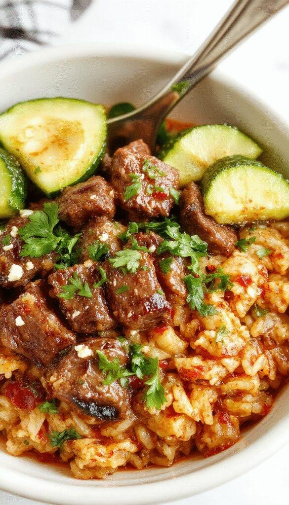 A vibrant bowl of Healthy Greek Beef & Zucchini Rice Bowl with seasoned beef, zucchini slices, fresh herbs, and fluffy rice, garnished with lemon wedges.