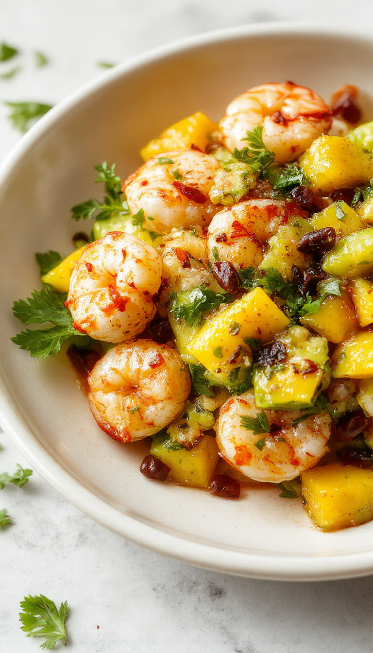 A vibrant bowl featuring cooked shrimp, sliced avocado, and colorful mango lime salsa garnished with cilantro.