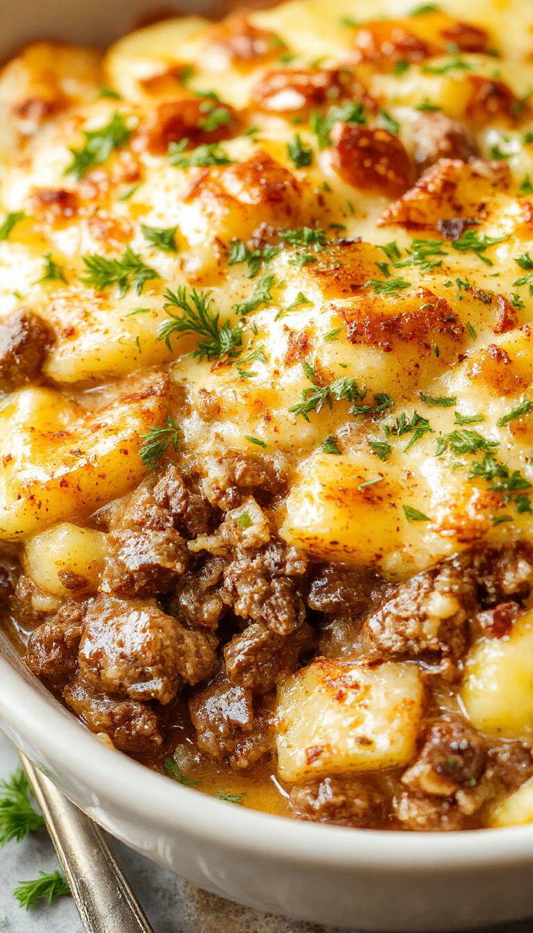 A delicious Hearty Ground Beef and Potato Casserole topped with melted cheese, served in a rustic baking dish