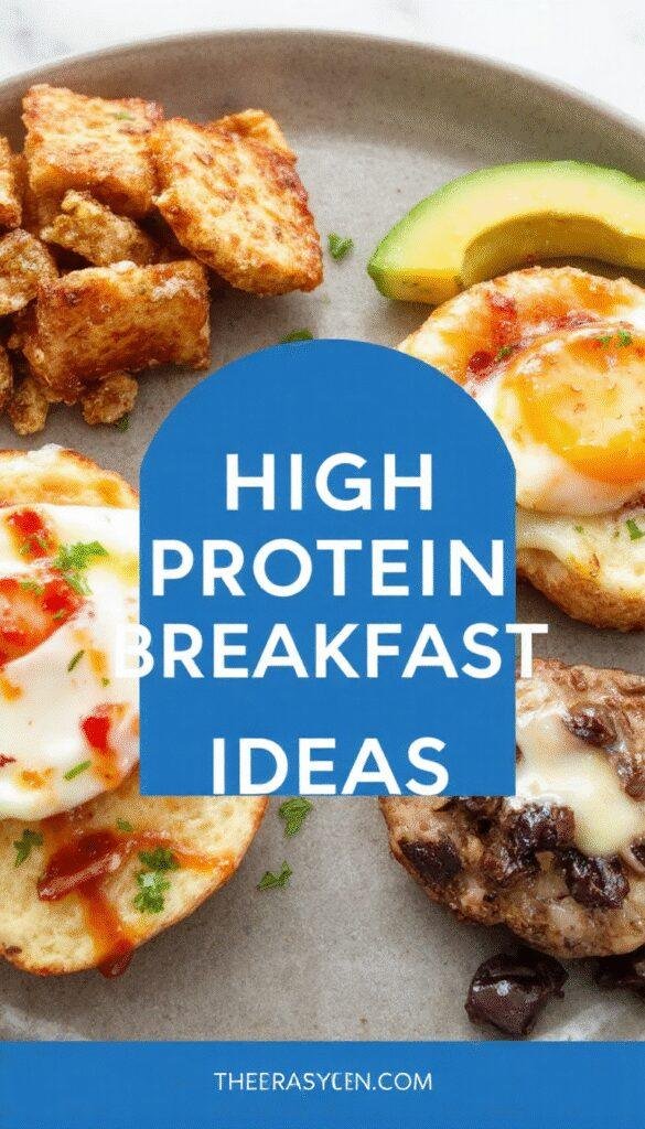 A colorful plate featuring a variety of high protein breakfast options including scrambled eggs, Greek yogurt with berries, and a protein smoothie.