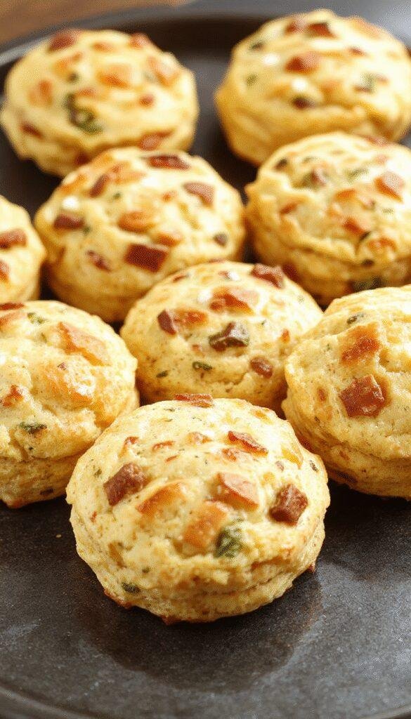 Golden high-protein freezer-friendly breakfast biscuits stacked on a plate with fresh fruit and a glass of milk