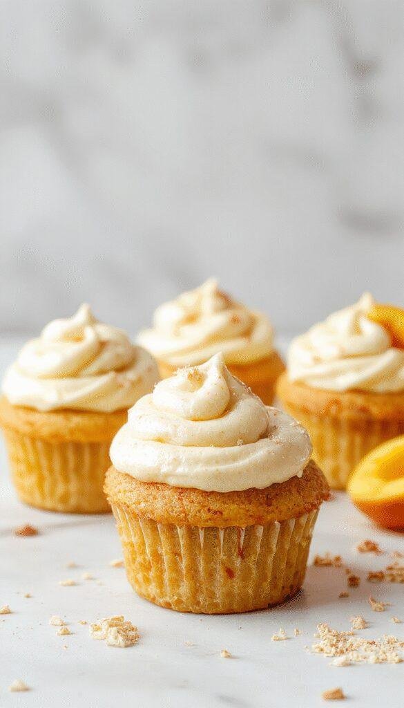 Delicious honey peach cupcakes topped with creamy cream cheese frosting and a fresh peach slice garnish, displayed on a white platter.