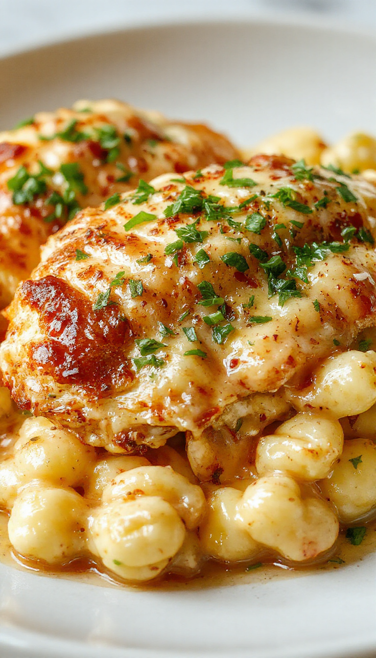 A plate of Honey Pepper Chicken served alongside creamy macaroni and cheese, garnished with fresh herbs and pepper.