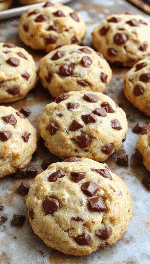 A plate of freshly baked chocolate chip banana cookies with melted chocolate chips and a golden-brown crust, garnished with banana slices.