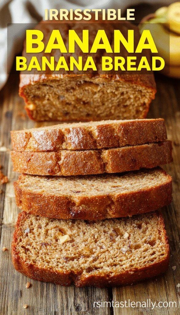 A freshly sliced, moist banana bread loaf with golden-brown crust and ripe bananas inside, garnished with a few banana slices on top.