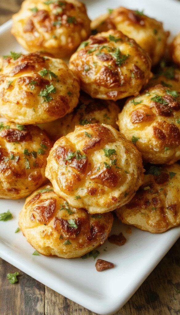 Golden crispy cheesy leftover mashed potato puffs garnished with herbs on a rustic plate.