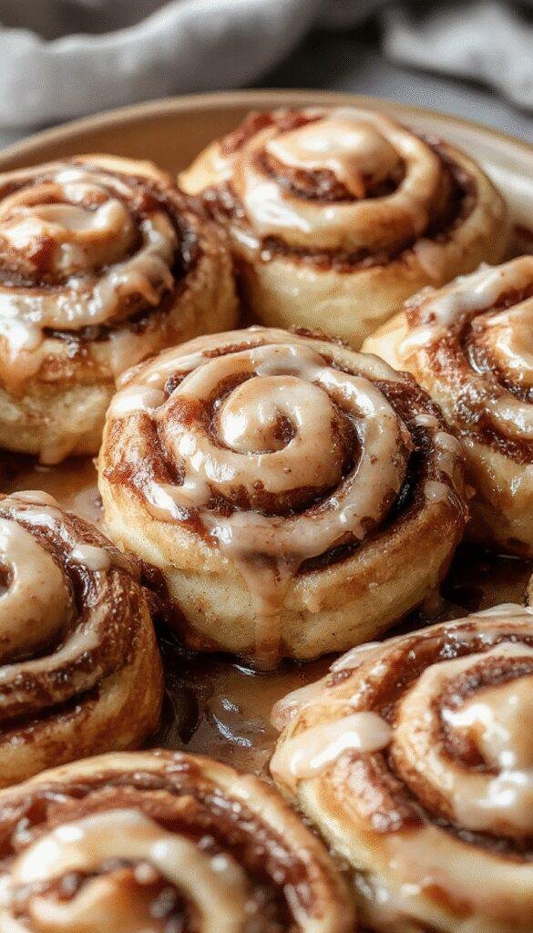 A batch of freshly baked Maple Bacon Cinnamon Rolls topped with a glossy bourbon glaze, garnished with chopped pecans and maple syrup drizzle.