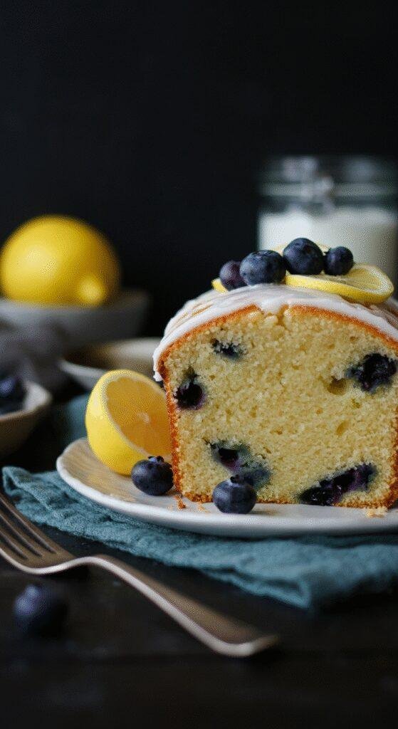 Close-up of a moist lemon blueberry yogurt loaf cake resting on a rustic wooden table in a cozy home kitchen, with fresh blueberries and a lemon wedge nearby, natural light highlighting the imperfect, homemade appearance of the cake.