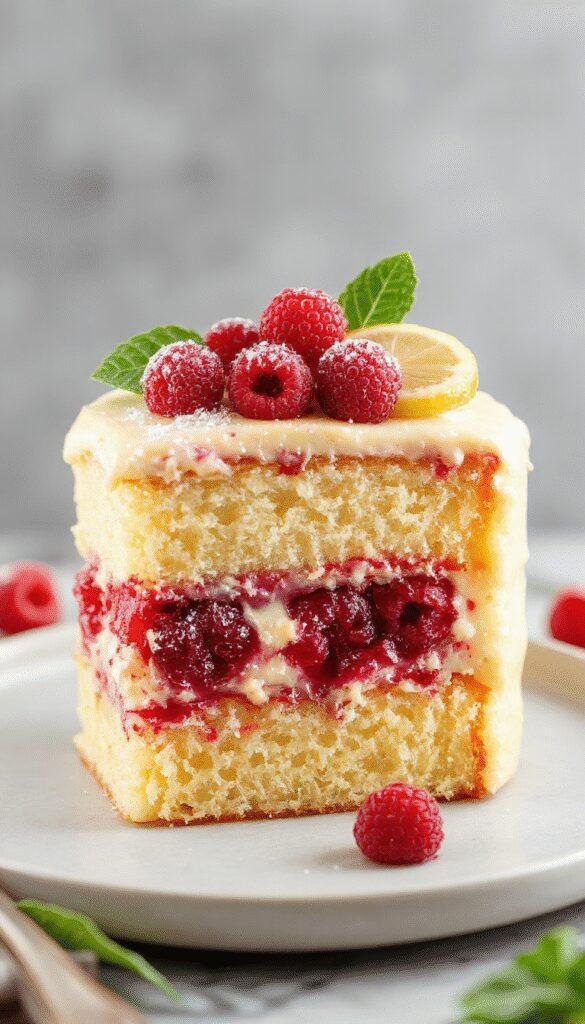 A vibrant Moist Lemon Raspberry Layer Cake with tiers covered in smooth lemon frosting, garnished with fresh raspberries and lemon slices.
