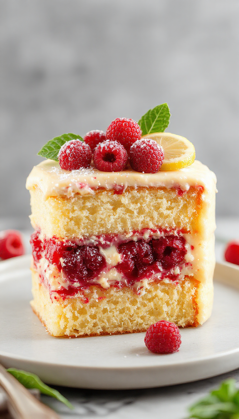 A vibrant Moist Lemon Raspberry Layer Cake with tiers covered in smooth lemon frosting, garnished with fresh raspberries and lemon slices.