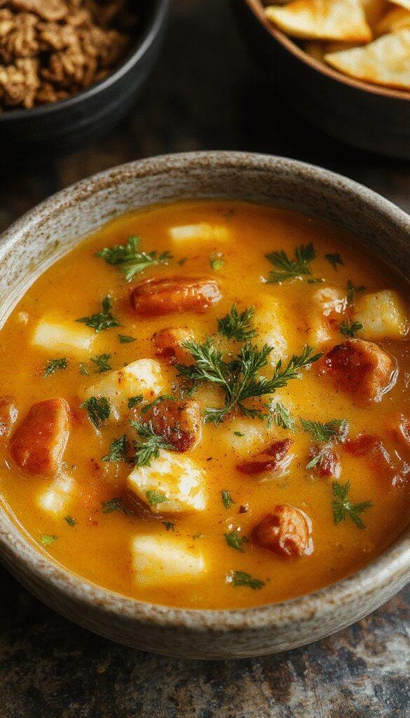 A steaming bowl of the most popular, easy, and delicious soup garnished with fresh herbs and accompanied by crusty bread.