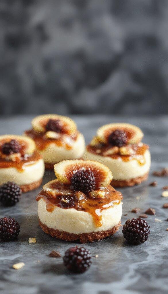 Mini cheesecakes topped with caramel figs and fresh blackberries on a elegant serving plate.
