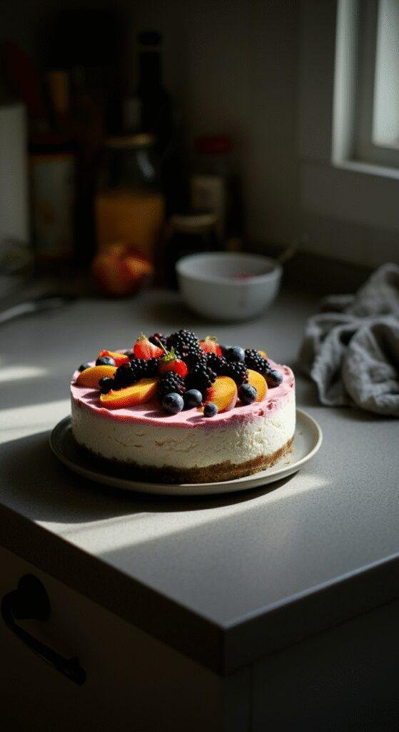 Close-up photo of a no-bake peach and summer berry cheesecake on a home kitchen counter, featuring fresh peaches and mixed berries on top, captured in natural light with a relaxed, in-the-moment feel.