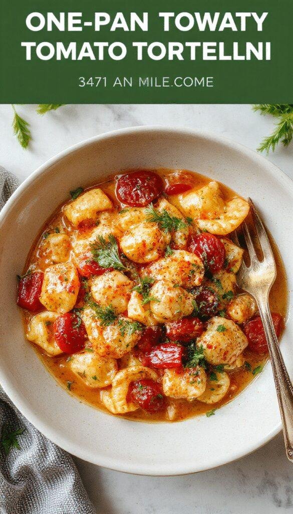 A colorful skillet filled with creamy tomato tortellini garnished with fresh basil and grated cheese, served hot in a rustic pan.