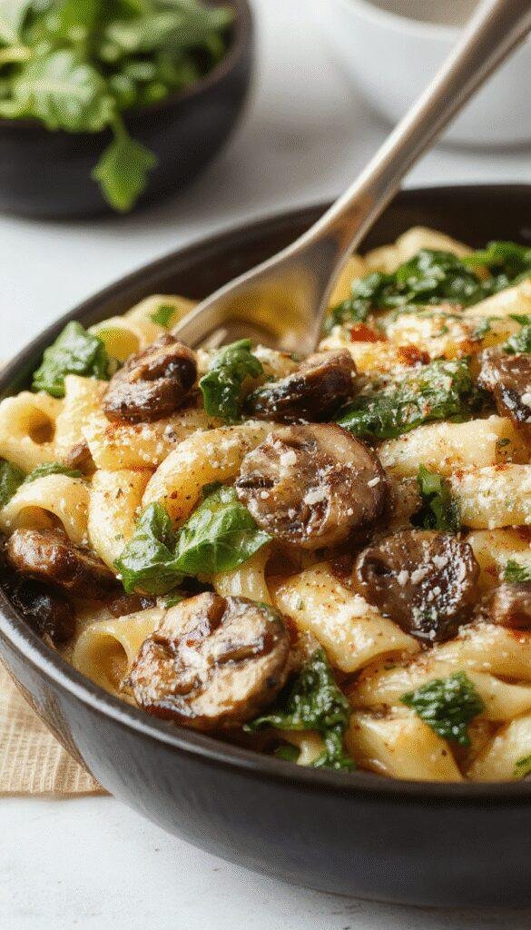 A vibrant skillet of creamy parmesan spinach mushroom pasta topped with grated cheese and fresh herbs, served steaming hot on a wooden table.