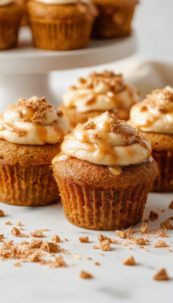 Delicious pumpkin spice cupcakes topped with smooth caramel frosting, garnished with a sprinkle of cinnamon on a white plate