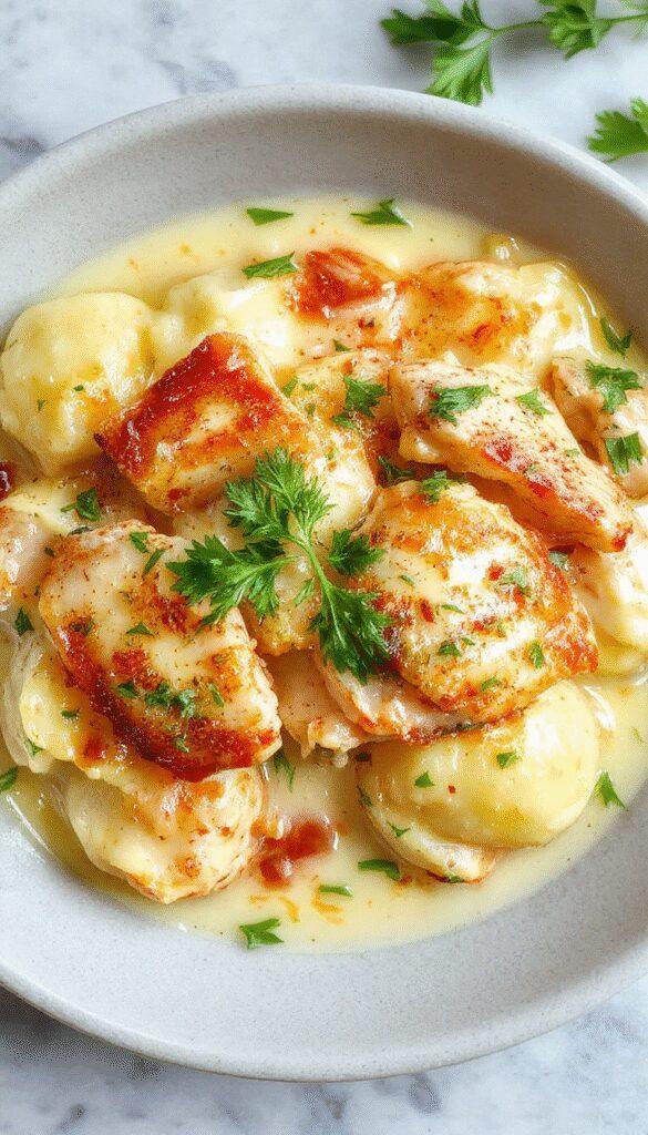 A plate of creamy crack chicken gnocchi garnished with herbs, showcasing tender chicken, soft gnocchi, and a rich, cheesy sauce.