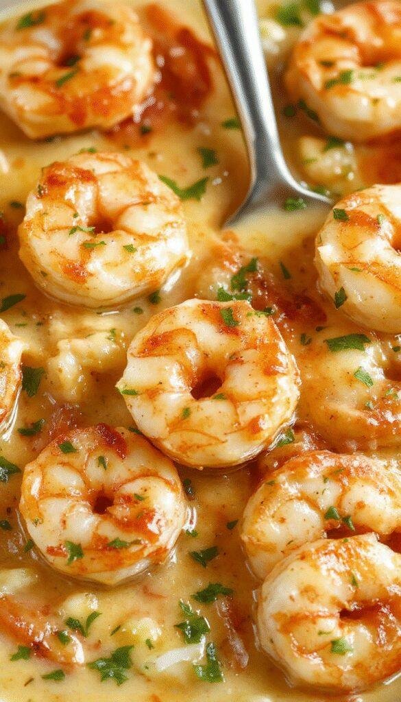 A plate of creamy garlic shrimp garnished with fresh herbs, served with lemon wedges on a white ceramic plate.