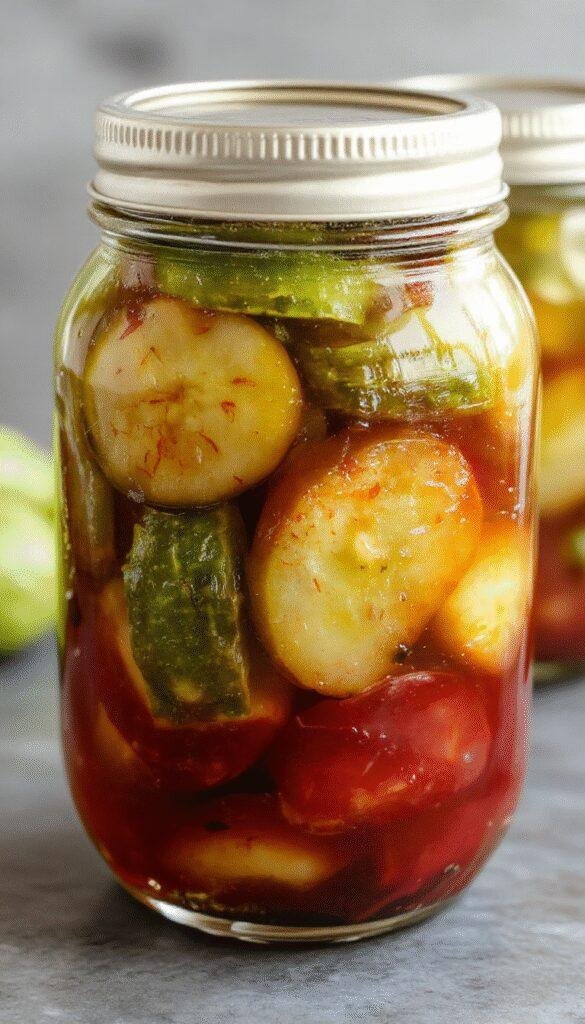 A jar of homemade refrigerator pickles filled with crispy cucumbers, dill herbs, and garlic on a rustic wooden table.