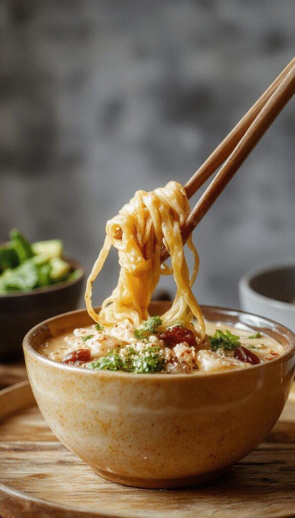 A steaming bowl of vibrant vegan ramen noodles topped with fresh vegetables and sliced tofu, served with chopsticks on a rustic wooden table.