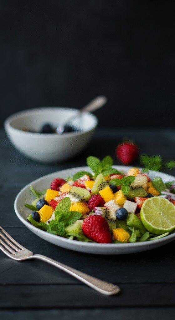 Realistic photo of a refreshing summer fruit salad with honey lime dressing in a glass bowl on a wooden table, featuring watermelon, pineapple, strawberries, and blueberries, in a cozy kitchen setting with natural lighting.