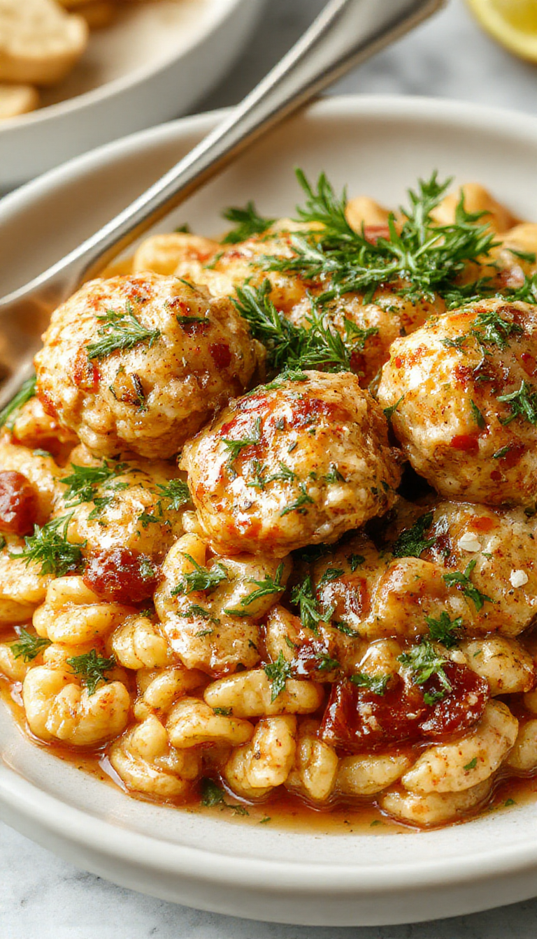 A plate of golden rosemary chicken meatballs served over creamy tomato orzo, garnished with fresh herbs and a side of vegetables.