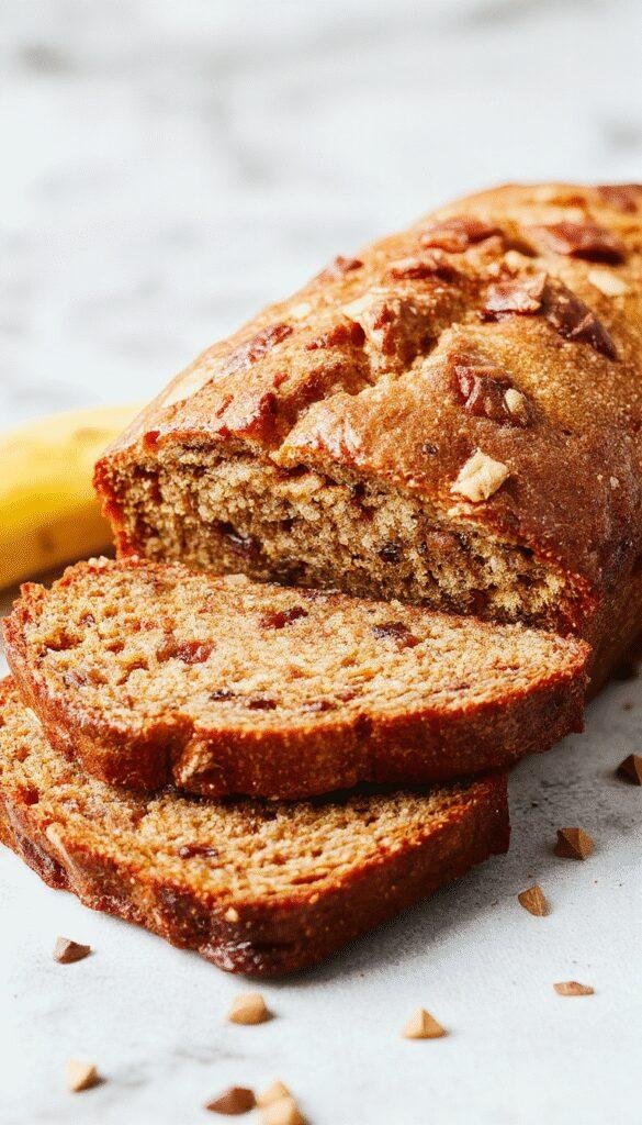 A sliced loaf of high-protein banana bread garnished with fresh banana slices and a drizzle of honey, placed on a rustic wooden table.