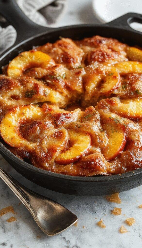 A delicious slice of Simple Brown Sugar Peach Skillet Cake topped with caramelized peach slices and a dusting of powdered sugar, served in a rustic skillet.