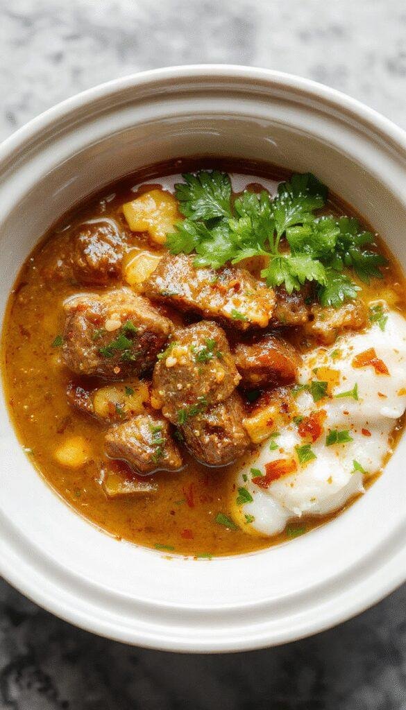 A steaming bowl of Slow Cooker Beef Coconut Curry garnished with fresh herbs, served with rice on a rustic wooden table.