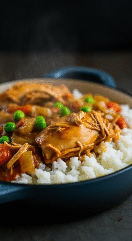 A realistic, amateur-style photo of Southern Style Smothered Chicken and Rice served casually on a worn ceramic plate in a cozy home setting. The dish features tender chicken chunks smothered in gravy, rice, and slow-cooked vegetables. The scene is illuminated by natural light, with a wrinkled cloth, faint crumbs on the table, and a casual, slightly cluttered background, capturing a home-cooked meal's essence.