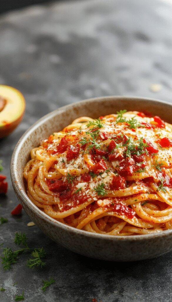 A plate of Spicy Assassins Spaghetti garnished with fresh herbs and chili flakes, showcasing vibrant red and orange hues.