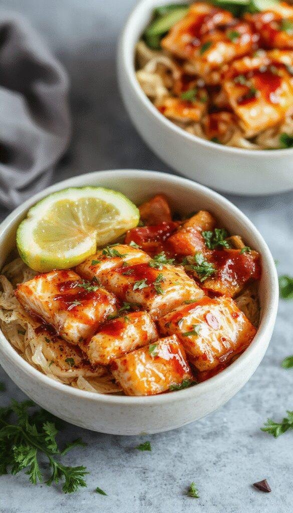 A vibrant bowl featuring grilled salmon topped with spicy honey Sriracha glaze, served with fresh vegetables and crispy rice crackers