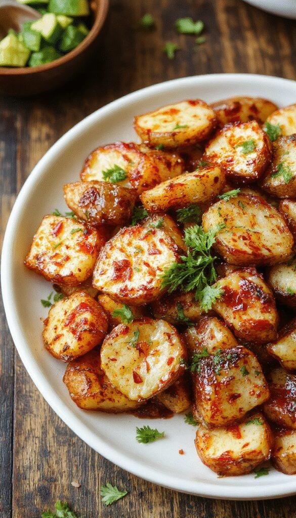 A plate of crispy spicy Mexican roasted potatoes garnished with fresh cilantro and lime wedges, served alongside colorful salsa.