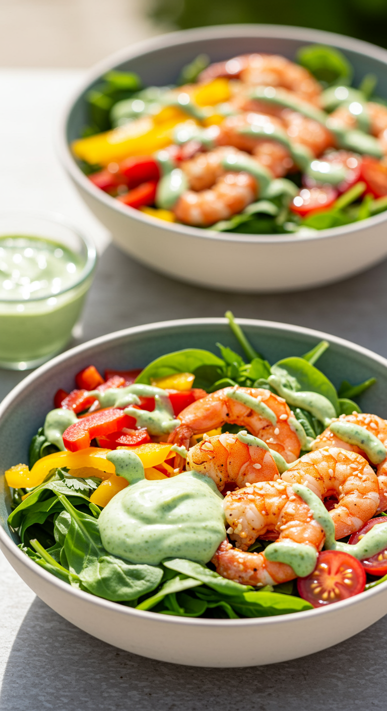 A realistic amateur style picture of Summer Grilled Shrimp Bowls with Creamy Cilantro Sauce taken by a phone camera
