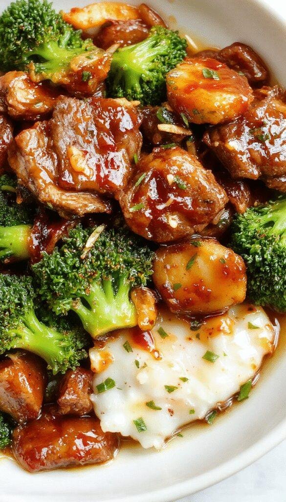 A vibrant plate of honey garlic beef and broccoli stir-fry garnished with sesame seeds and chopped green onions on a wooden table.