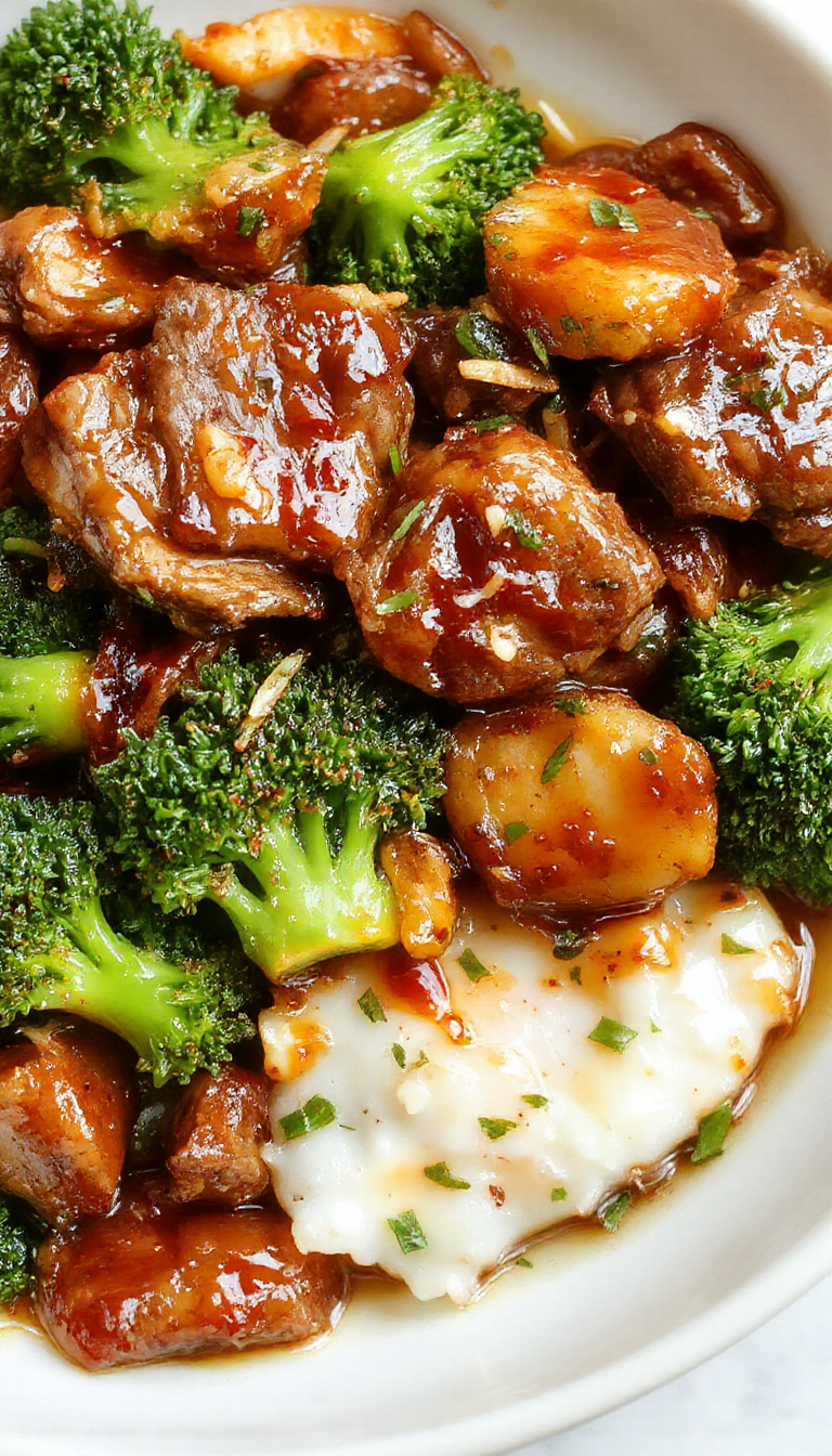 A vibrant plate of honey garlic beef and broccoli stir-fry garnished with sesame seeds and chopped green onions on a wooden table.