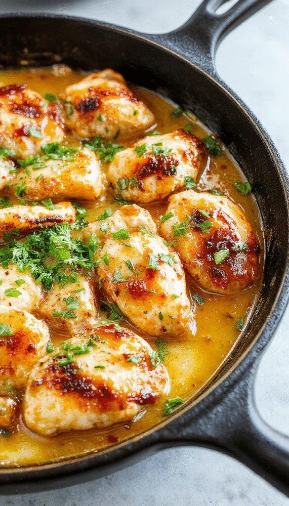 A sizzling skillet of Texas Roadhouse Butter Chicken topped with fresh herbs and served with side vegetables on a rustic plate.