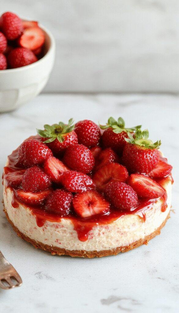 A slice of creamy strawberry cheesecake topped with fresh strawberries and a drizzle of glaze on a white plate.