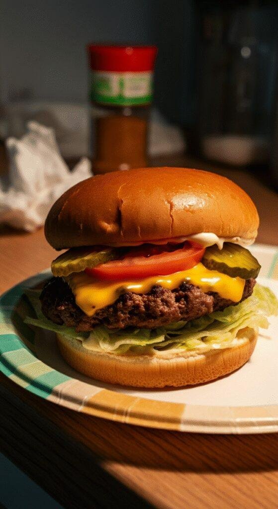 Photograph of a casual homemade cheeseburger served on a paper plate in a cozy kitchen, showing melted cheese, fresh vegetables, and a well-cooked beef patty, with natural lighting and imperfect, everyday surroundings.