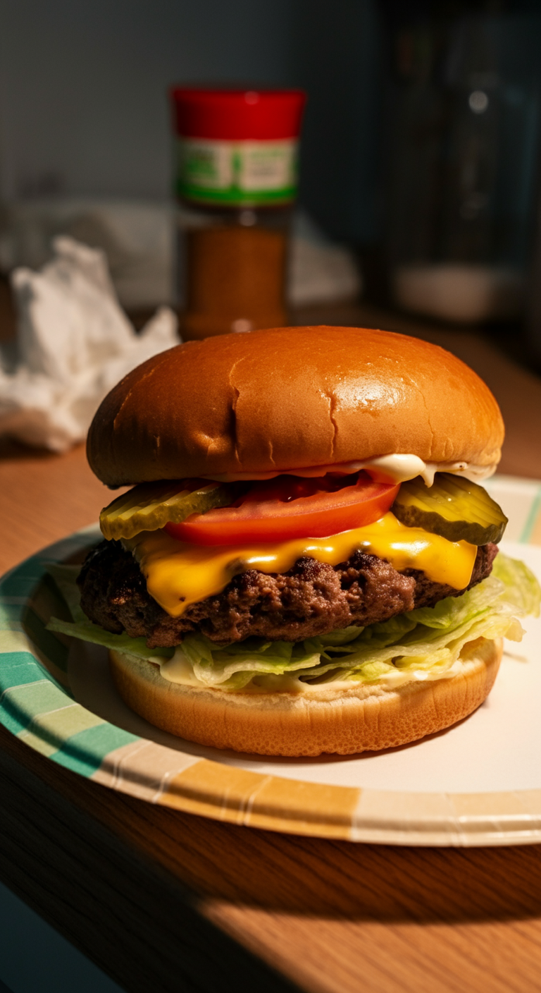 Photograph of a casual homemade cheeseburger served on a paper plate in a cozy kitchen, showing melted cheese, fresh vegetables, and a well-cooked beef patty, with natural lighting and imperfect, everyday surroundings.