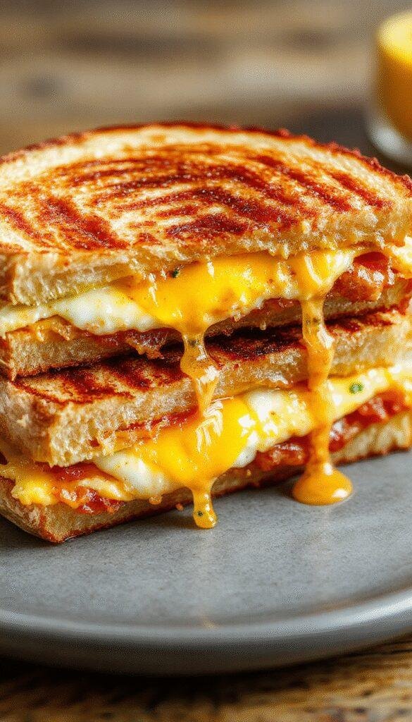 A crispy grilled cheese sandwich filled with scrambled eggs and strips of bacon, served on a rustic plate with a side of fresh herbs.