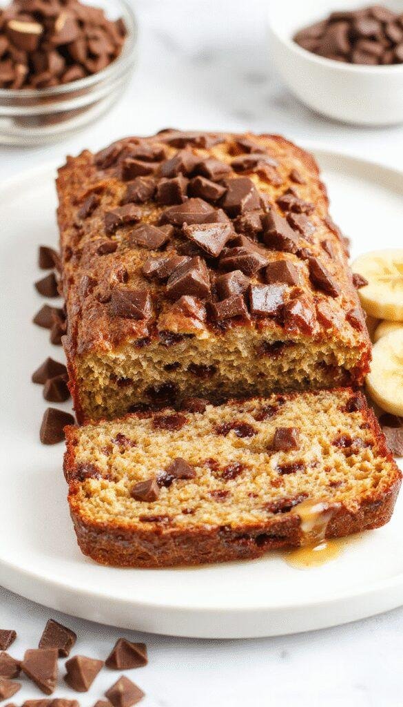 A freshly baked loaf of Ultimate Chocolate Chip Banana Bread sliced open to reveal moist, golden interior dotted with melted chocolate chips, garnished with banana slices and nuts.