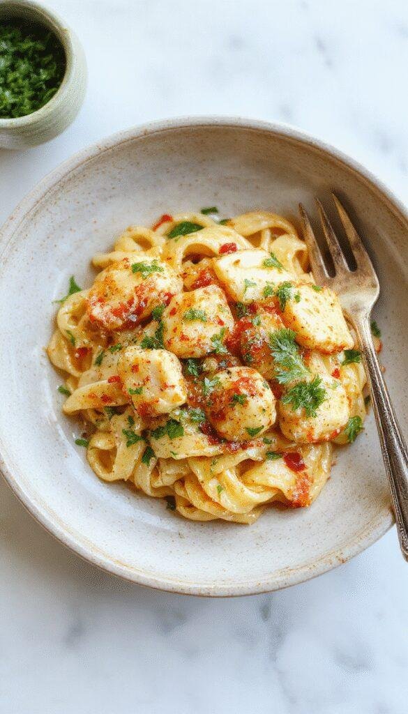 A plate of Ultimate Marry Me Chicken Pasta garnished with fresh herbs, featuring tender chicken in a creamy sauce with pasta noodles.