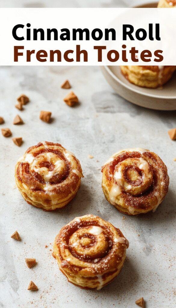 A plate of golden cinnamon roll French toast bites topped with powdered sugar and fresh berries, served with maple syrup on the side.